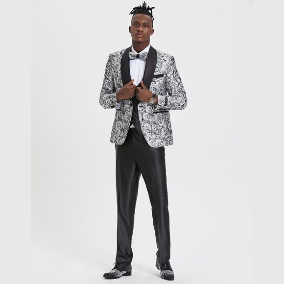 TAZIO SKINNY FIT Double-Breasted PAISLEY SHAWL COLLAR SUIT, SILVER - Picture 1 of 3